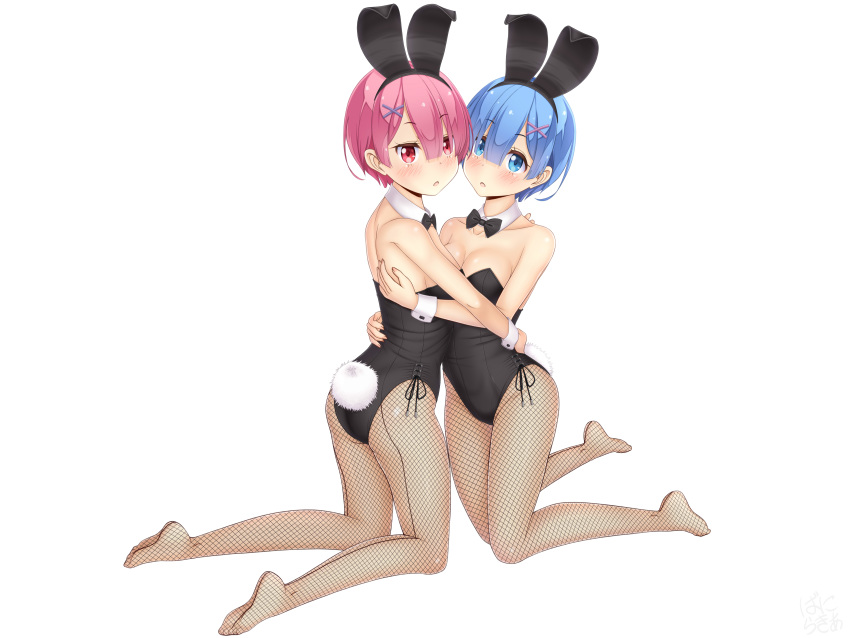 2girls absurdres animal_ears back-seamed_legwear black_bow black_bowtie black_leotard blue_eyes blue_hair blue_ribbon bow bowtie commentary_request detached_collar fake_animal_ears fishnet_pantyhose fishnets hair_ornament hair_over_one_eye hair_ribbon highres hug kneeling leotard looking_at_viewer multiple_girls pantyhose pink_hair pink_ribbon playboy_bunny rabbit_ears rabbit_tail ram_(re:zero) re:zero_kara_hajimeru_isekai_seikatsu red_eyes red_ribbon rem_(re:zero) ribbon sainohikari seamed_legwear short_hair siblings simple_background sisters strapless strapless_leotard tail twins white_background wrist_cuffs x_hair_ornament