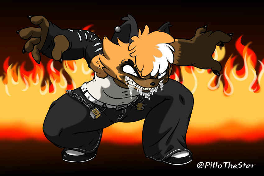 3:2 alternative_fashion anthro armwear badger belt big_hands big_mouth_(anatomy) bodily_fluids boots bottomwear brown_body brown_fur cargo_pants chains claws clothing crouching drooling ear_piercing ear_ring elbow_gloves eyebrow_slit eyebrows female fighting_pose fire flaming_background foaming_at_mouth footwear fur gloves hair handwear head_tuft heterochromia hi_res lock mammal manic_expression messy_hair multicolored_body multicolored_fur multicolored_hair muscular muscular_female mustelid musteline narrowed_eyes orange_body orange_fur orange_hair pants piercing pillothestar pose rabies raised_arms ring_piercing saliva scruffy scrunchy_face sharp_teeth shirt smile solo streetwear suey_(pillothestar) tank_top teeth thick_thighs topwear tuft two_tone_body two_tone_fur two_tone_hair white_hair wide_hips