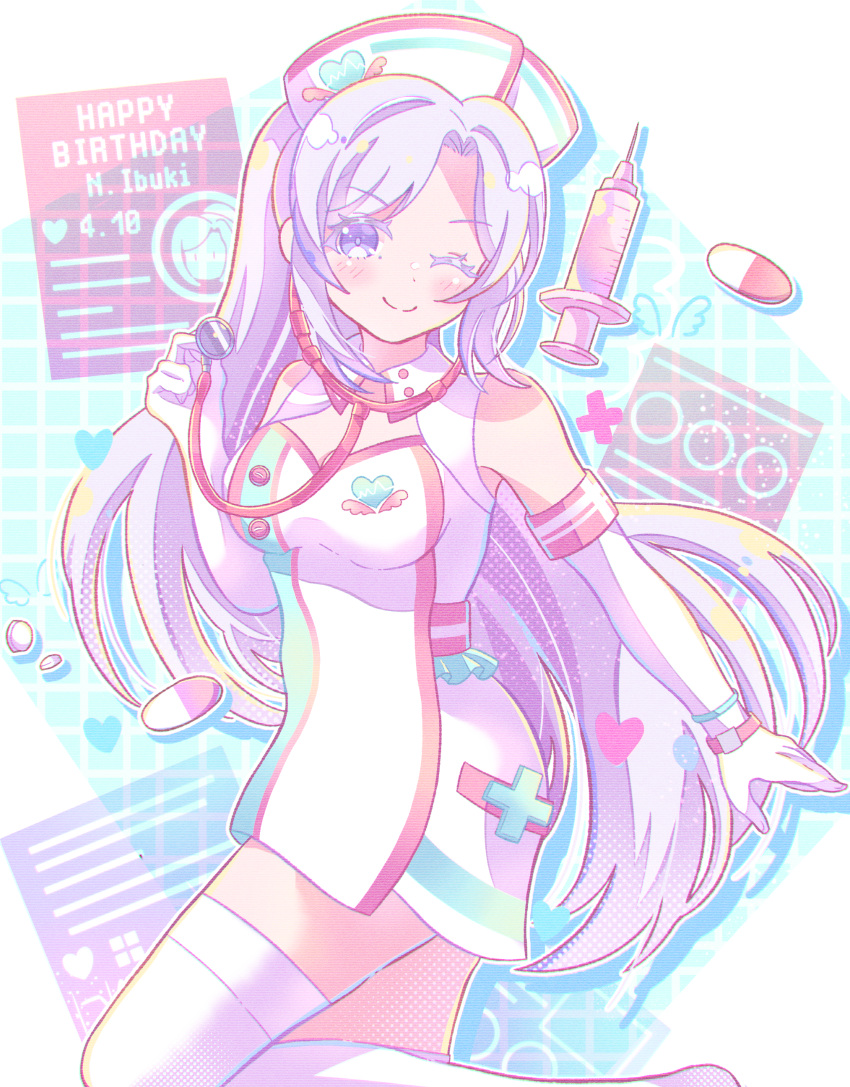 absurdres character_name d4dj dated dress female grey_hair happy_birthday hat highres holding holding_stethoscope long_hair looking_to_the_side niijima_ibuki nurse nurse_cap one_eye_closed pill purple_eyes smile solo stethoscope syringe thighhighs very_long_hair white_dress white_hat white_thighhighs xion_(sasakishiorin065) yume_kawaii