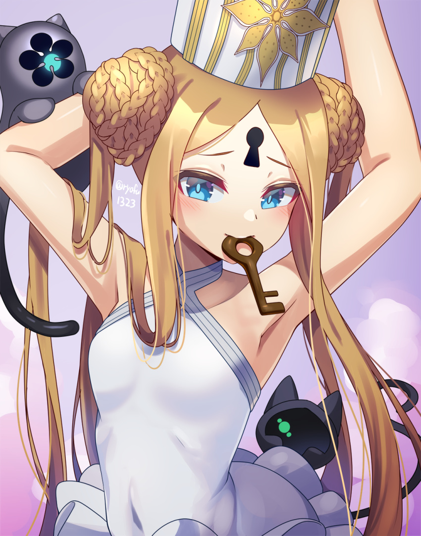 abigail_williams_(fate) abigail_williams_(swimsuit_foreigner)_(fate) abigail_williams_(swimsuit_foreigner)_(second_ascension)_(fate) armpits arms_behind_head arms_up bare_shoulders black_cat blonde_hair blue_eyes braid braided_bun breasts chocolate double_bun dress_swimsuit fate/grand_order fate_(series) feline female forehead hair_bun hat highres key keyhole long_hair mitre mouth_hold one-piece_swimsuit parted_bangs ryofuhiko sidelocks small_breasts solo swimsuit twintails very_long_hair white_hat white_one-piece_swimsuit