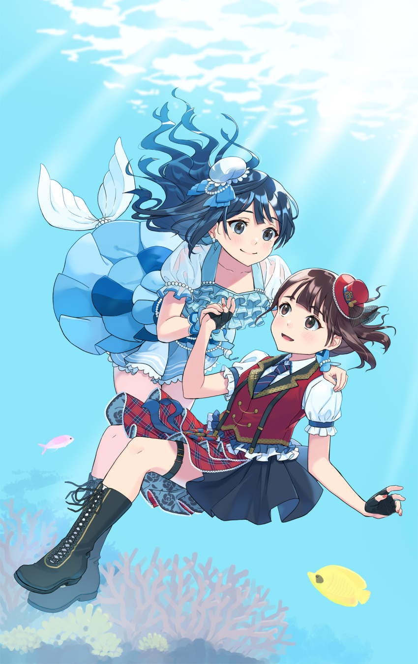 2girls anthias_(fish) black_gloves black_hair blue!_(love_live!) boots brown_eyes brown_hair butterflyfish chase!_(love_live!) collarbone coral coral_reef earrings english_commentary fingerless_gloves fins fish fish_tail gloves grey_eyes hat highres jewelry kusunoki_tomori long_hair love_live! love_live!_nijigasaki_high_school_idol_club multiple_girls oitsuki_(getsumen_diver) revision short_hair sidelocks skirt smile suspender_skirt suspenders tail tropical_fish underwater voice_actor voice_actor_connection wavy_hair yuki_setsuna_(love_live!)