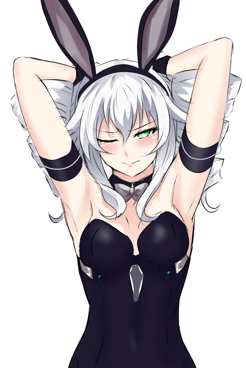 ;) animal_ears armpits arms_behind_head arms_up bare_shoulders black_leotard black_sister blush breasts detached_collar drill_hair embarrassed fake_animal_ears female green_eyes hair_between_eyes highres leotard long_hair navel neptune_(series) one_eye_closed power_symbol power_symbol-shaped_pupils rabbit_ears seshiro_(which501) simple_background small_breasts smile solo symbol-shaped_pupils twin_drills twintails white_background white_hair