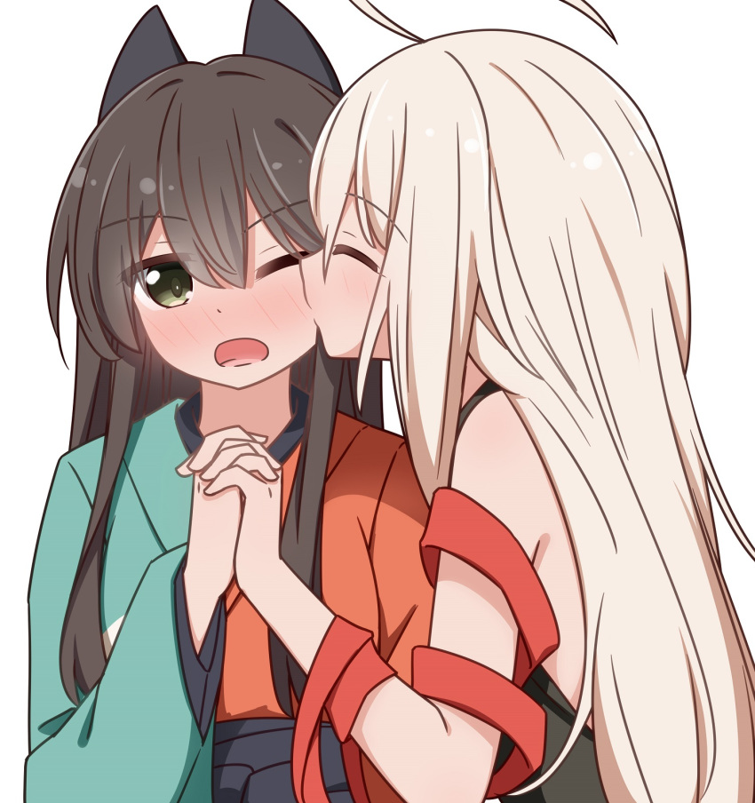 2girls ahoge bad_id bad_pixiv_id blush bow brown_hair chiya_(urara_meirochou) facing_viewer hair_between_eyes hairbow highres holding_hands interlocked_fingers japanese_clothes kimono kissing kissing_cheek long_hair miruzawa_akechi multiple_girls one_eye_closed open_mouth profile ribbon tatsumi_kon upper_body urara_meirochou white_background white_hair yuri