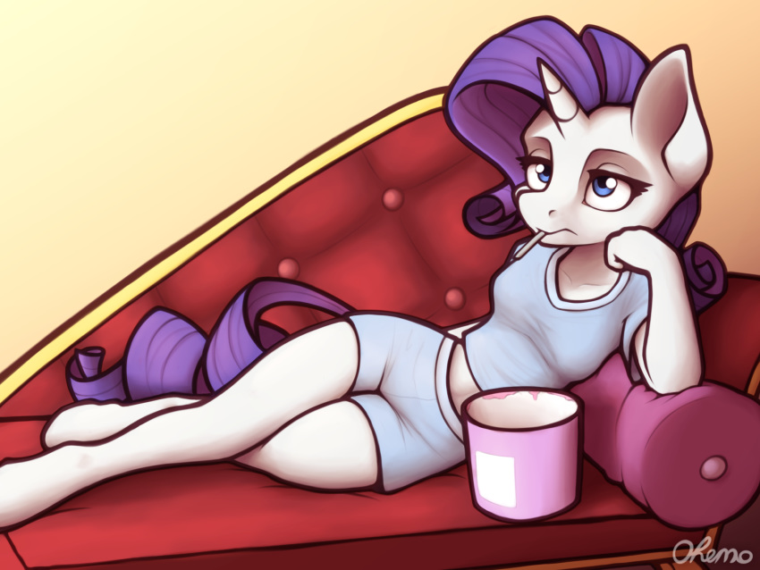 4:3 anthro bottomwear chair clothing dessert equid equine fainting_couch female food friendship_is_magic furniture hasbro hi_res hooves horn ice_cream mammal midriff my_little_pony mythological_creature mythological_equine mythology ohemo pillow rarity_(mlp) shirt shorts solo spoon_in_mouth topwear unicorn