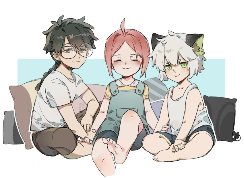 2boys a'gen_(the_legend_of_luoxiaohei) animal_ears barefoot black_hair black_shorts blush braid braided_ponytail cat_boy cat_ears closed_eyes female glasses green_eyes grey_eyes highres holding_hands long_hair luguohuainian luo_xiaobai luo_xiaohei luo_xiaohei_(human) luo_xiaohei_zhanji multiple_boys pillow pink_hair round_eyewear shirt short_hair shorts smile tank_top white_hair white_shirt white_tank_top