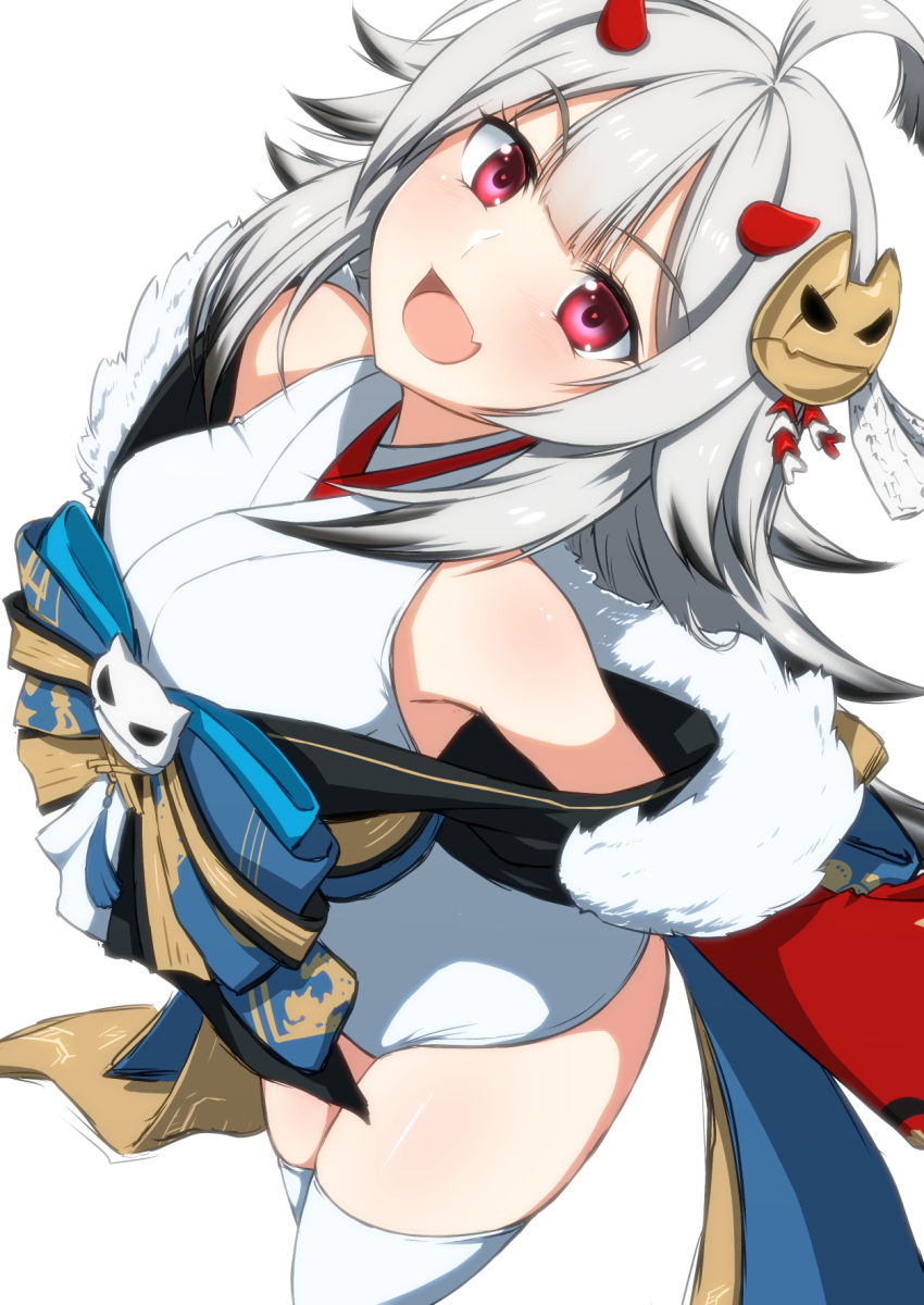 :d ahoge azur_lane commentary_request female grey_hair hair_ornament hibiki_(azur_lane) hibiki_(new_year's_little_imp)_(azur_lane) highres horns japanese_clothes koutarou_(plusdrive) looking_at_viewer open_mouth red_eyes red_horns simple_background smile solo thighhighs white_background white_thighhighs