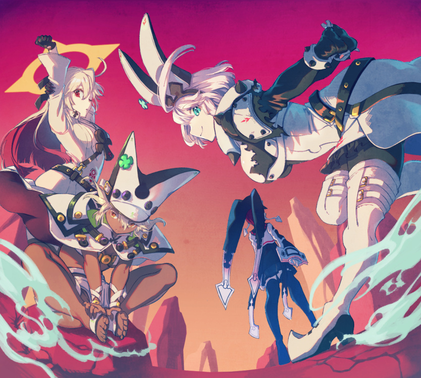 4girls barefoot belt_bra black_legwear blue_eyes bodysuit clover clover_(flower) dark-skinned_female dark_skin elphelt_valentine feet flower four-leaf_clover guilty_gear guilty_gear_xrd halo hat jack-o'_valentine multicolored_hair multiple_girls pale_skin ramlethal_valentine red_eyes red_hair short_hair shorts spiked_halo thigh_strap thighhighs toes uedakazu valentine_(guilty_gear) white_bodysuit white_hair yellow_eyes