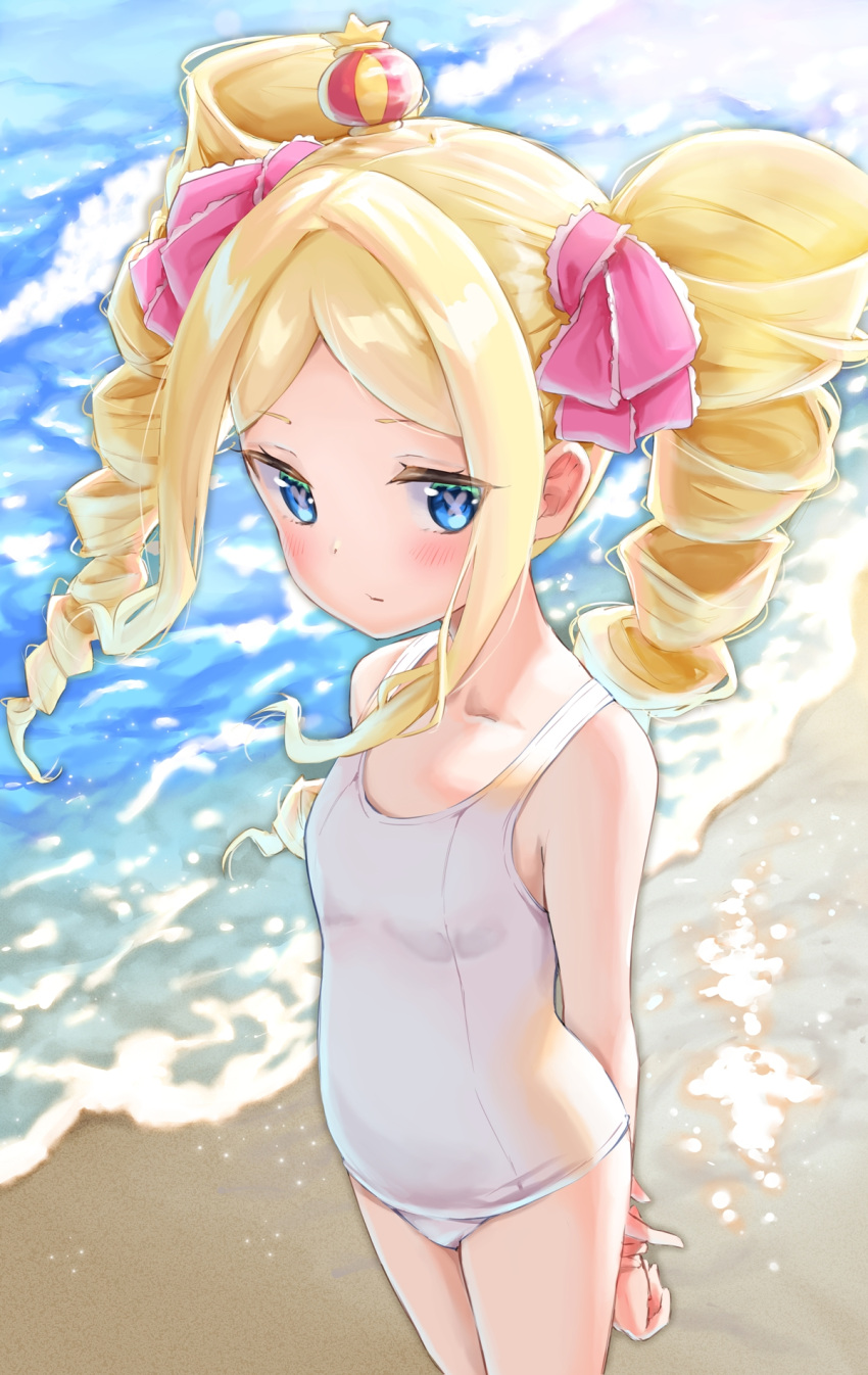 arms_behind_back beach beatrice_(re:zero) blonde_hair blue_eyes blush butterfly-shaped_pupils closed_mouth collarbone cowboy_shot crown day drill_hair female flat_chest from_above from_side hair_ornament hair_ribbon highres legs_together long_hair looking_at_viewer mini_crown ocean old_school_swimsuit one-piece_swimsuit outdoors parted_bangs pink_ribbon re:zero_kara_hajimeru_isekai_seikatsu ribbon sand school_swimsuit shore sidelocks sideways_glance solo standing swept_bangs swimsuit symbol-shaped_pupils tarunyan twin_drills water white_one-piece_swimsuit