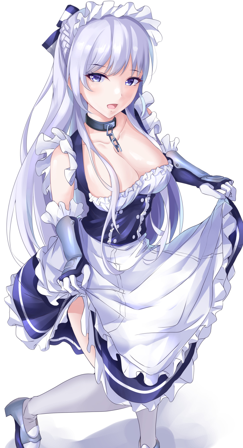 absurdres apron azur_lane bad_id bad_pixiv_id belfast_(azur_lane) braid breasts cleavage clothes_lift curtsey dress dress_lift female french_braid frilled_apron frills gloves grey_footwear highres large_breasts light_purple_hair long_hair looking_at_viewer maid_headdress purple_dress purple_eyes shiroinu_(shiroinu_283p) simple_background skirt_hold solo standing thighhighs white_apron white_background white_gloves white_thighhighs