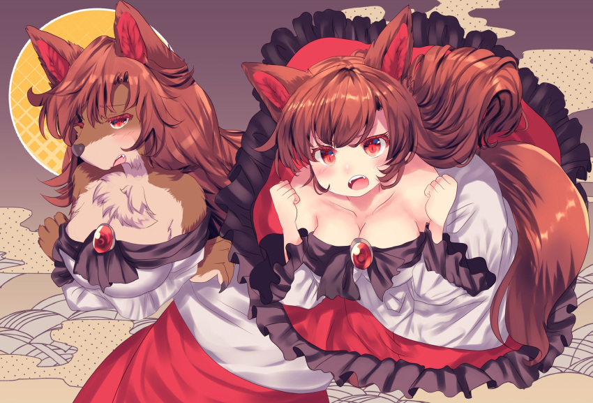 animal_ears body_fur breasts brown_hair cleavage commentary_request dress fangs female full_moon furry furry_female highres imaizumi_kagerou kemo_chiharu large_breasts long_hair long_sleeves looking_at_viewer moon multiple_views off-shoulder_dress off_shoulder open_mouth red_dress red_eyes touhou two-tone_dress white_dress wolf_ears wolf_girl