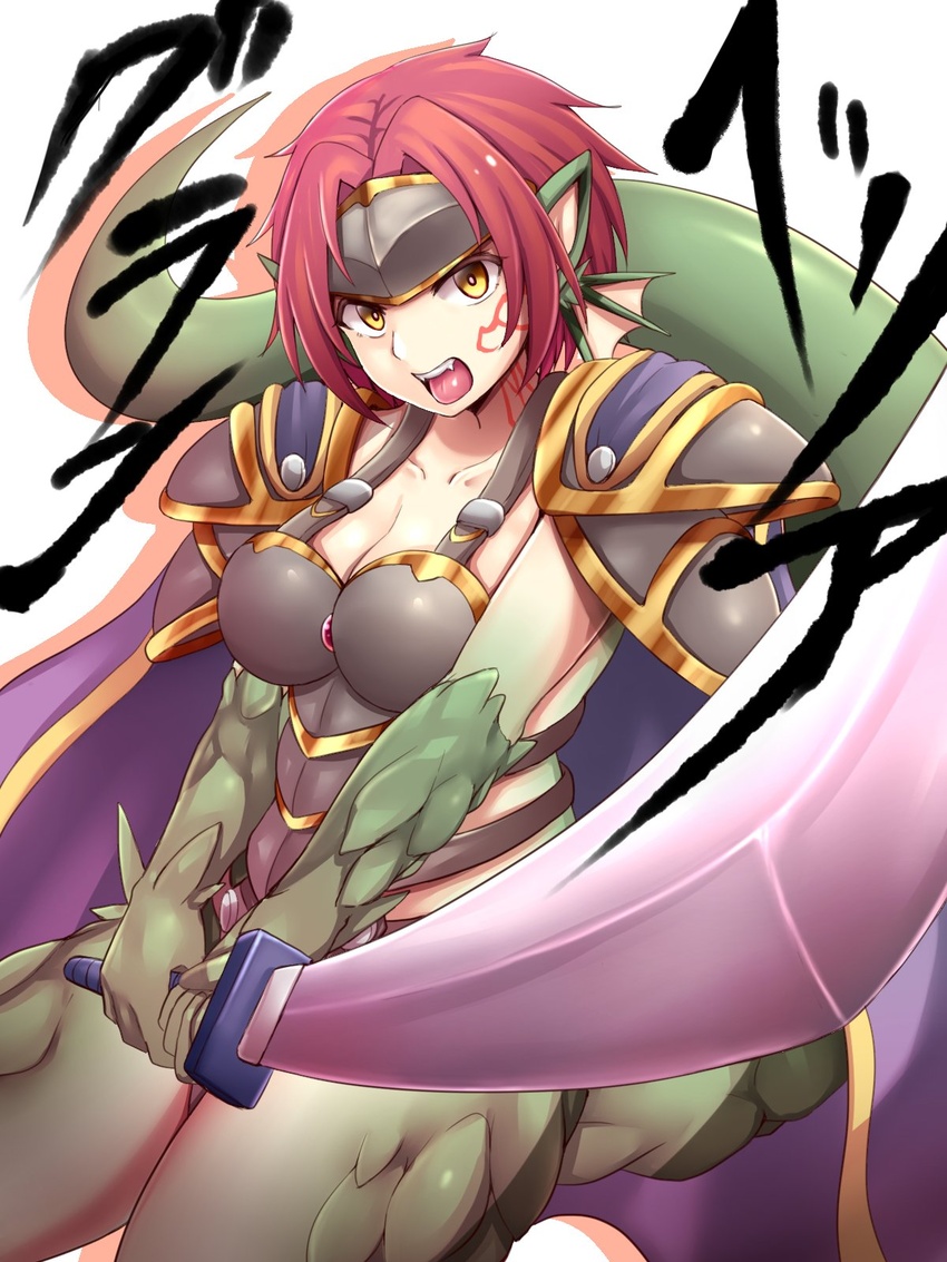 animal_ears armor breasts cape character_name cleavage collarbone commentary_request dragon_ears dragon_girl facial_tattoo fangs female fins forehead_protector granberia hair_ornament highres holding holding_sword holding_weapon large_breasts looking_at_viewer mon-musu_quest! monster_girl open_mouth pointy_ears purple_cape raichi_(ddq0246) red_hair scales short_hair shoulder_armor simple_background solo sword tail tattoo teeth tongue two-handed two-handed_sword upper_teeth_only weapon white_background yellow_eyes