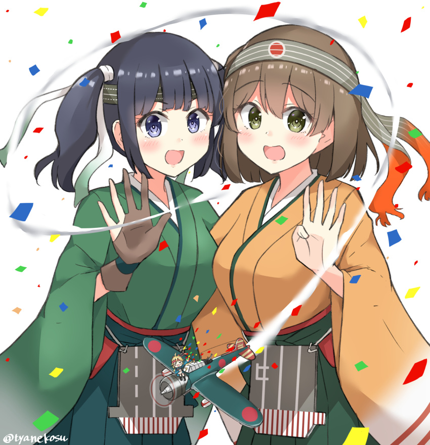 2girls blue_hair breasts brown_hair chaa_(korone-ze) confetti cowboy_shot gloves green_hakama green_kimono hair_between_eyes hair_ribbon hakama hakama_short_skirt hakama_skirt headband highres hiryuu_(kancolle) hiryuu_kai_ni_(kancolle) japanese_clothes kantai_collection kimono long_sleeves looking_at_viewer medium_breasts medium_hair multiple_girls one_side_up partially_fingerless_gloves pleated_skirt ribbon short_hair side_ponytail skirt souryuu_(kancolle) souryuu_kai_ni_(kancolle) twintails type_99_dive_bomber_(egusa_squadron) wide_sleeves yellow_kimono yugake