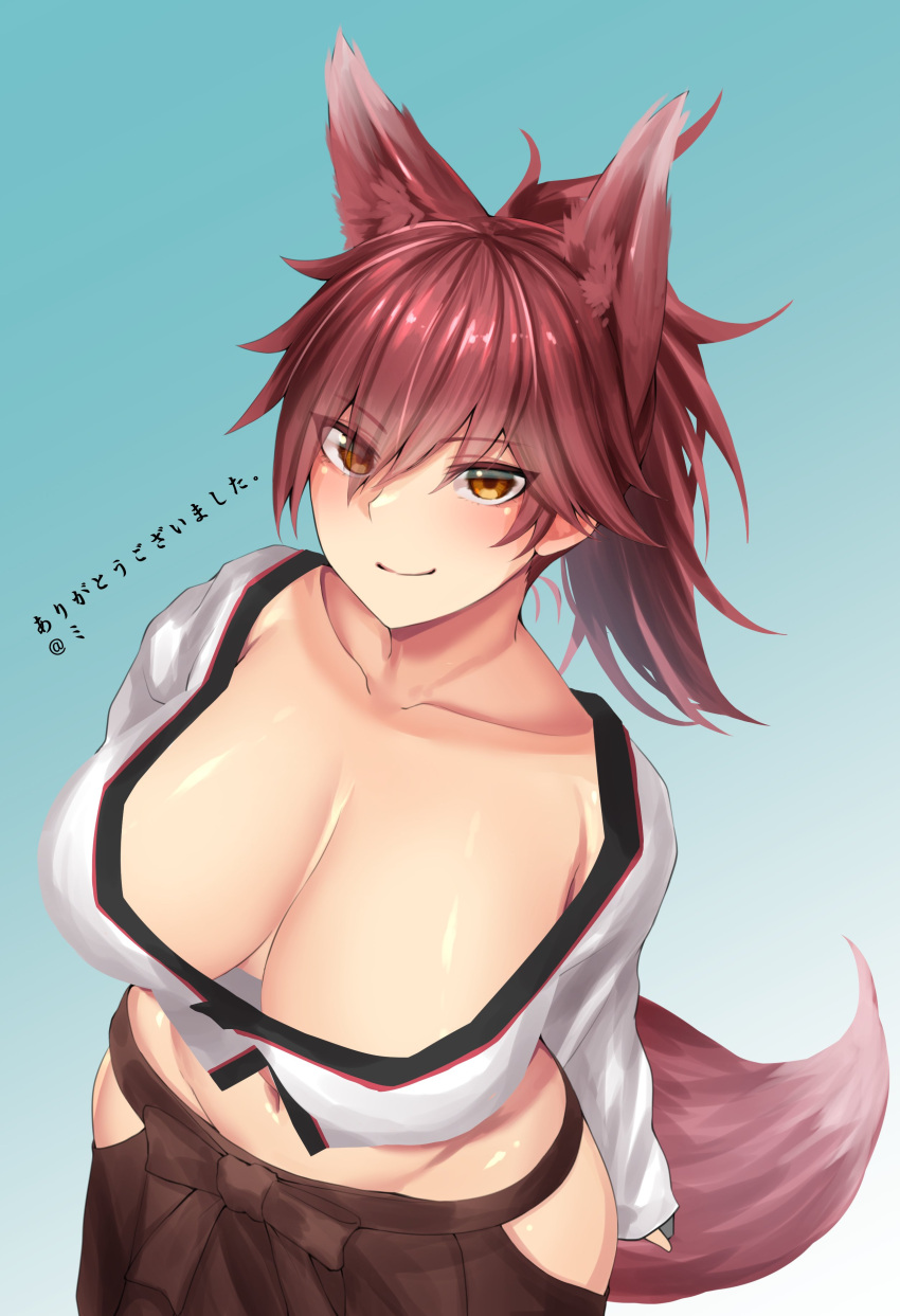 absurdres animal_ears azur_lane breasts collarbone commission female fox_ears fox_girl fox_tail from_above gradient_background hair_between_eyes hakama highres hip_vent ise_(azur_lane) japanese_clothes large_breasts long_sleeves looking_at_viewer midriff miso_tanuki navel orange_eyes red_hair red_hakama skeb_commission skirt smile solo tail