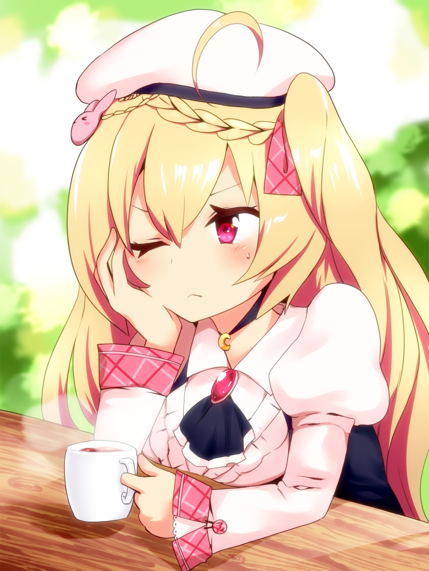 ;( ahoge azur_lane beret blonde_hair blurry blurry_background blush braid breasts brooch collared_shirt commentary_request crescent_(azur_lane) crescent_(retrofit)_(azur_lane) cup eyebrows_hidden_by_hair female green_background hair_between_eyes hair_ornament hair_ribbon hand_on_own_cheek hand_on_own_face hat highres holding holding_cup jewelry kinokoshigure long_hair long_sleeves looking_away medium_breasts mug plaid plaid_ribbon puffy_long_sleeves puffy_sleeves rabbit_hair_ornament red_eyes ribbon shadow shirt sidelocks sitting solo steam table tea two_side_up upper_body very_long_hair white_shirt