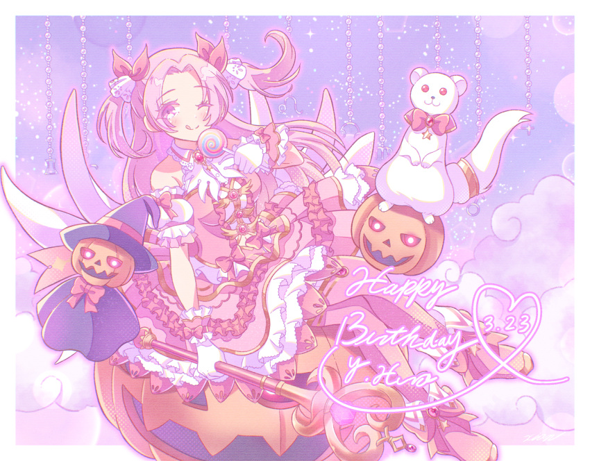 animal breasts candy cloud d4dj dated dress female food gloves glowing glowing_eyes happy_birthday hat highres holding holding_candy holding_food holding_lollipop holding_wand jack-o'-lantern lollipop looking_up magical_girl medium_breasts one_eye_closed parted_bangs pink_dress pink_eyes pink_hair sitting sky smile solo wand white_gloves witch_hat wrist_cuffs xion_(sasakishiorin065) yano_hiiro