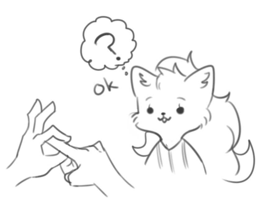 :3 ambiguous_gender anthro blanca_(nicky_illust) canid canine canis clothed clothing digital_media_(artwork) domestic_dog duo english_text explicitly_stated_consent female fingers fluffy fur gesture hair innocent_expression innuendo mammal monochrome mostly_offscreen_character nordic_sled_dog question_mark samoyed sex_gesture spitz suggestive suggestive_gesture swetpot text thought_bubble translated_description unavailable_at_source