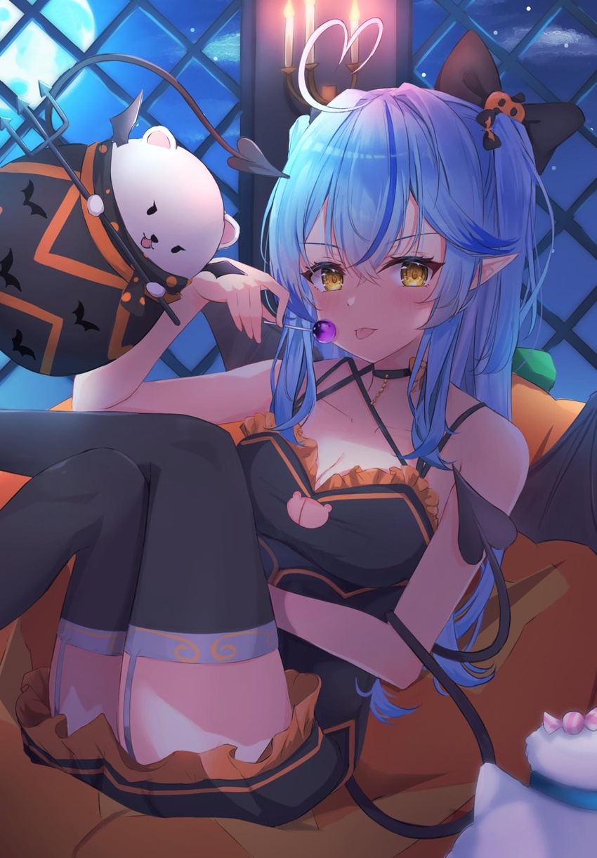 :p ahoge alternate_hairstyle bare_arms bare_shoulders bear_cutout black_camisole black_choker black_skirt black_thighhighs blue_hair breasts camisole candy choker cleavage_cutout clothing_cutout colored_tips daifuku_(yukihana_lamy) demon_tail elf female food hair_between_eyes halloween heart heart_ahoge highres hololive lollipop long_hair looking_at_viewer medium_breasts multicolored_hair pointy_ears sitting skirt solo spaghetti_strap streaked_hair tail tail_around_arm tail_wrap thigh_strap thighhighs tongue tongue_out two_side_up virtual_youtuber yellow_eyes yukihana_lamy yuzuki4no