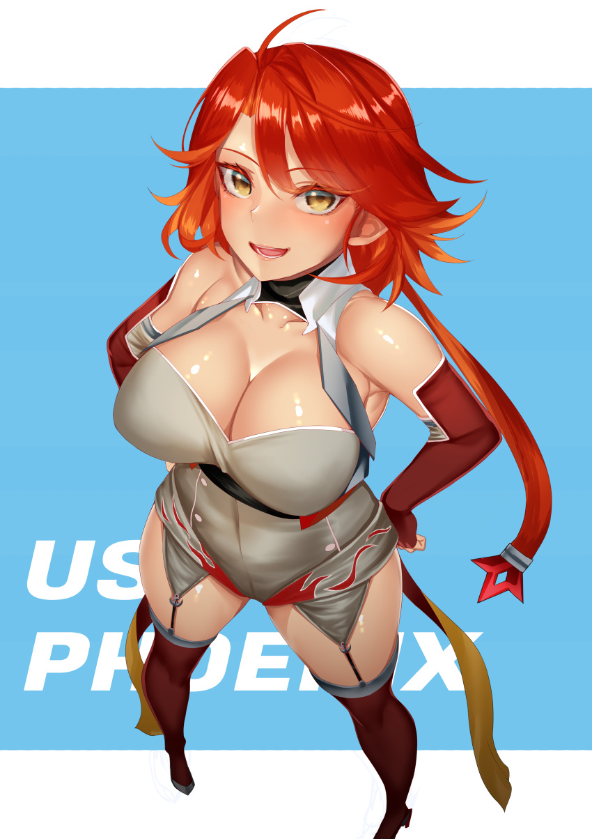 absurdres ahoge azur_lane bare_shoulders breasts character_name cleavage commission covered_navel elbow_gloves female fingerless_gloves from_above garter_straps gloves gradient_hair high_heels highres large_breasts light_blush looking_at_viewer miso_tanuki multicolored_hair open_mouth orange_hair phoenix_(azur_lane) red_gloves red_hair red_thighhighs short_hair simple_background skeb_commission smile solo standing thighhighs yellow_eyes