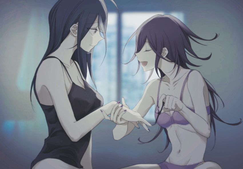 2girls applying_manicure black_hair blue_nails blurry blurry_background bra breasts cleavage closed_eyes collarbone danganronpa_(series) danganronpa_v3:_killing_harmony from_side genderswap_(mtf) hair_between_eyes highres holding_hands light_smile long_hair looking_at_another m0918664055 multiple_girls nail_polish navel oma_kokichi open_mouth painting_fingernails panties purple_eyes purple_hair purple_nails rule_63 saihara_shuichi sitting sleeveless underwear wavy_hair window yuri