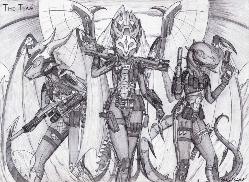 ambiguous_gender anthro armor azural_cobaltros belt canid canine canis damian_sinclaire_morningstar dragon dual_wielding futuristic_gun group gun handgun headgear helmet holding_object holding_weapon ishai mammal mark_the_dragon membrane_(anatomy) membranous_wings mythological_creature mythological_scalie mythology pistol ranged_weapon scalie tail utility_belt weapon wings wolf