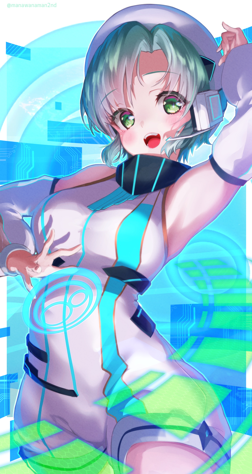 absurdres beret blush breasts d4dj detached_sleeves female green_eyes green_hair halterneck hanamaki_towa hat head_tilt headset highres hologram manawana medium_breasts open_hand open_mouth short_hair smile solo white_hat