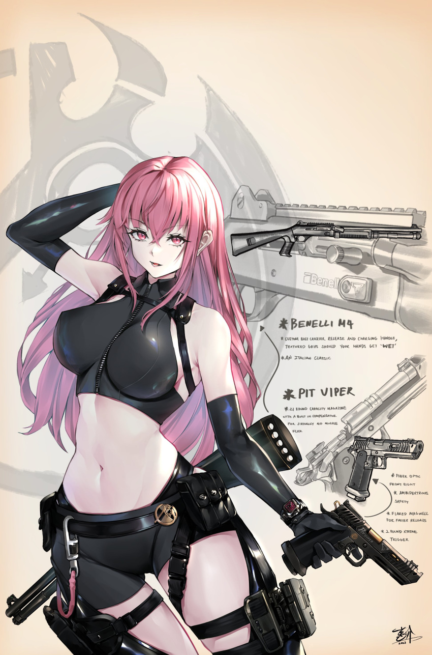 absurdres alternate_costume benelli_m4 black_gloves black_shorts breasts elbow_gloves female gloves gun handgun highres holding holding_gun holding_weapon hololive hololive_english holster keisuke_desu~ large_breasts long_hair looking_at_viewer midriff mori_calliope pink_hair red_eyes short_shorts shorts shotgun solo staccato_2011 taran_tactical_innovations thigh_holster thigh_strap virtual_youtuber weapon