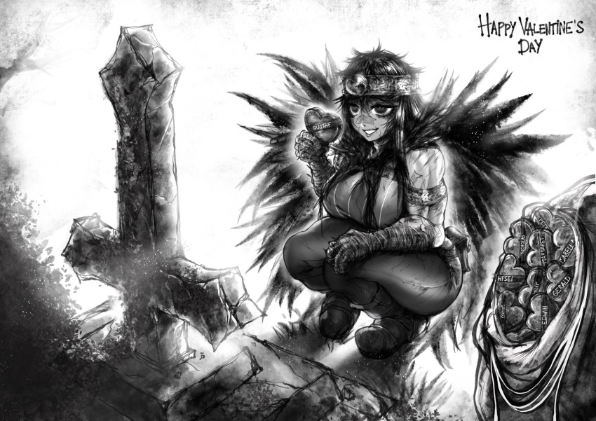 armlet bandaged_arm bandages biceps breasts circlet cross empty_eyes eyelashes feathered_cape female grave greyscale grin half-closed_eyes happy_valentine heart highres large_breasts legs_together monochrome multiple_scars muscular muscular_female pants pigeon-toed ramia-yana ramia_(ramia-yana) sack scar scar_on_arm scar_on_face scar_on_nose sleeveless smile solo the_golden_smurf tight_clothes tight_pants tombstone valentine