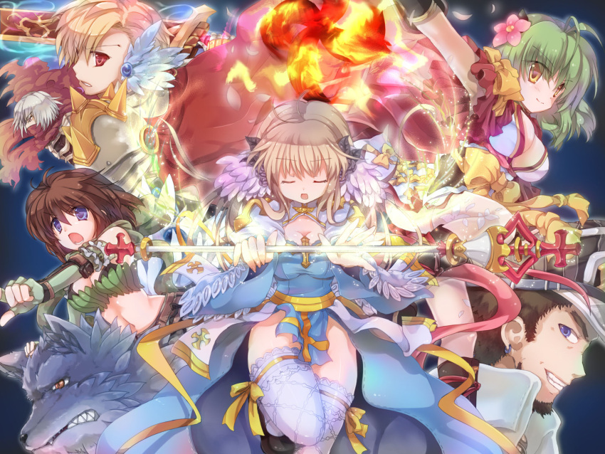 3boys 3girls ahoge arch_bishop_(ragnarok_online) armor bad_id bad_pixiv_id beard belt bikini bikini_top_only black_gloves black_shirt blacksmith_(ragnarok_online) blonde_hair blue_dress blue_eyes bra breasts brown_belt brown_eyes brown_hair brown_headwear cape champion_(ragnarok_online) cleavage cleavage_cutout closed_eyes closed_mouth clothing_cutout coat commentary_request cowboy_shot dress earrings elbow_gloves facial_hair feathered_wings fingerless_gloves fishnet_legwear fishnets frilled_sleeves frills gauntlets gloves green_bra green_gloves green_hair guillotine_cross_(ragnarok_online) hat head_wings highres hizukiryou holding holding_staff jewelry juliet_sleeves long_sleeves medium_breasts medium_hair midriff multiple_boys multiple_girls navel open_clothes open_coat open_mouth pauldrons pointing puffy_sleeves ragnarok_online ranger_(ragnarok_online) red_cape red_eyes red_scarf ribbon rune_knight_(ragnarok_online) sash scarf shirt short_hair shoulder_armor sleeveless sleeveless_coat smile spiked_pauldrons staff strapless strapless_bra swimsuit thighhighs torn_clothes torn_scarf underwear upper_body white_coat white_dress white_hair white_legwear white_shirt white_wings wings wolf yellow_ribbon yellow_sash