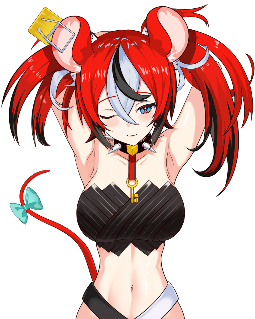 animal_ears armpits arms_up bad_id bad_pixiv_id bare_shoulders black_hair blue_eyes blush bow breasts closed_mouth collar crop_top english_commentary female hair_between_eyes hakos_baelz highres hololive hololive_english jewelry key key_necklace light_smile lmsu looking_at_viewer medium_breasts midriff mouse_ears mouse_tail multicolored_hair navel necklace one_eye_closed red_hair short_hair smile solo spiked_collar spikes stomach strapless streaked_hair tail tail_bow tail_ornament twintails upper_body virtual_youtuber white_background white_hair