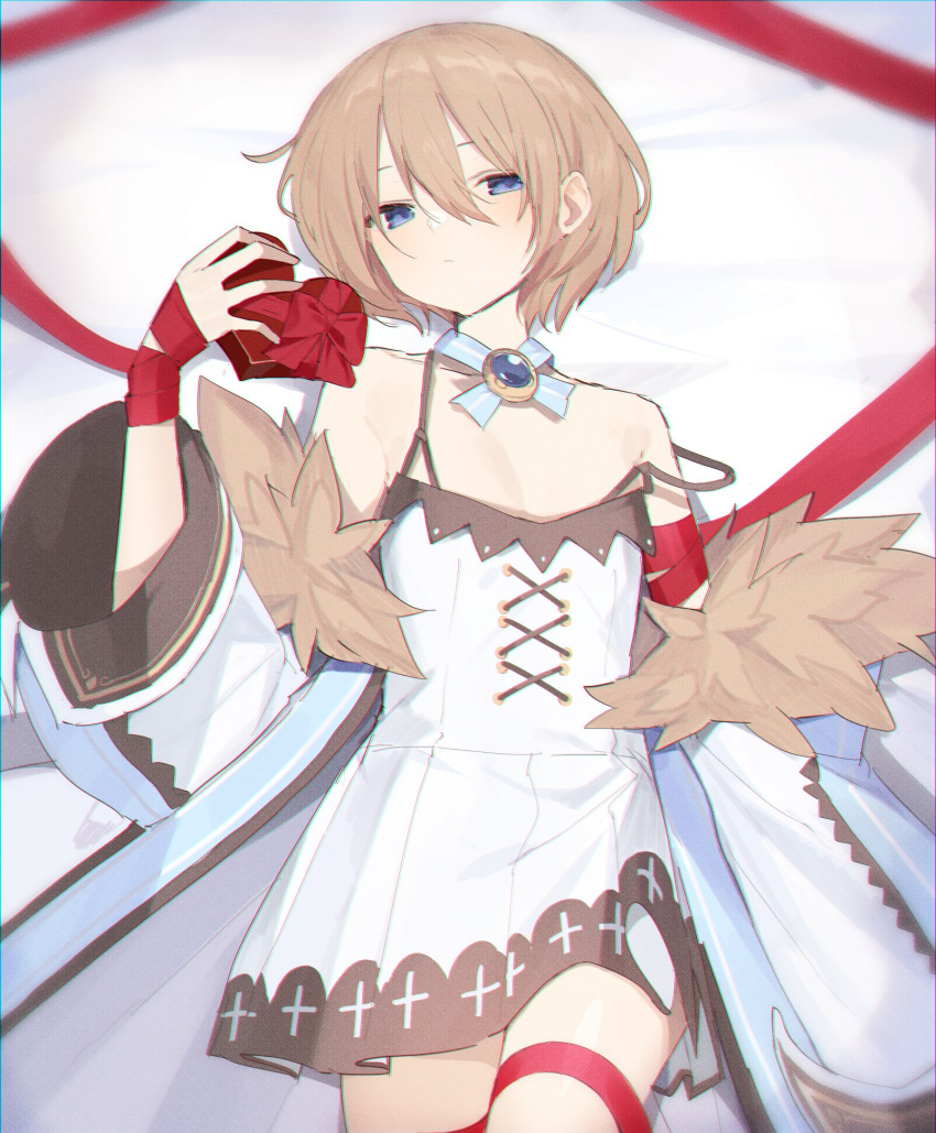 bare_shoulders blanc_(neptunia) blue_eyes blush box breasts brown_hair buran_buta cleavage coat cowboy_shot dress expressionless female fur-trimmed_coat fur_trim gift gift_wrapping hair_between_eyes hand_up heart-shaped_box highres holding holding_gift long_sleeves looking_at_viewer lying neptune_(series) off_shoulder on_back red_ribbon ribbon short_hair small_breasts solo spaghetti_strap strap_slip valentine white_coat white_dress wide_sleeves