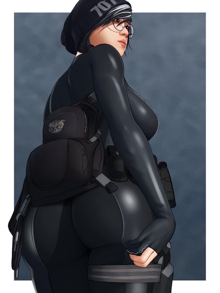 aethos ass ass_support back backpack bag beanie black_gloves black_hair black_hat black_legwear bodysuit breasts brown_eyes closed_mouth cowboy_shot dokkaebi_(rainbow_six_siege) female fingerless_gloves from_behind glasses gloves hat highres large_breasts lips looking_away looking_to_the_side military military_uniform multicolored_hair nail_polish photoshop_(medium) pouch rainbow_six_siege round_eyewear simple_background skin_tight solo standing thigh_strap tight_clothes two-tone_hair uniform white_hair