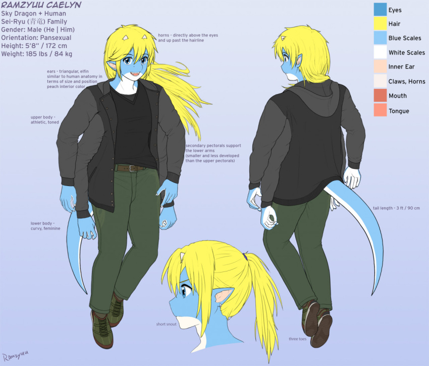 anthro bottomwear clothing dragon english_text facing_forward footwear jacket looking_away male model_sheet multi_arm multi_limb mythological_creature mythological_scalie mythology pants profile ramzryu scalie shirt shoes solo tail text topwear