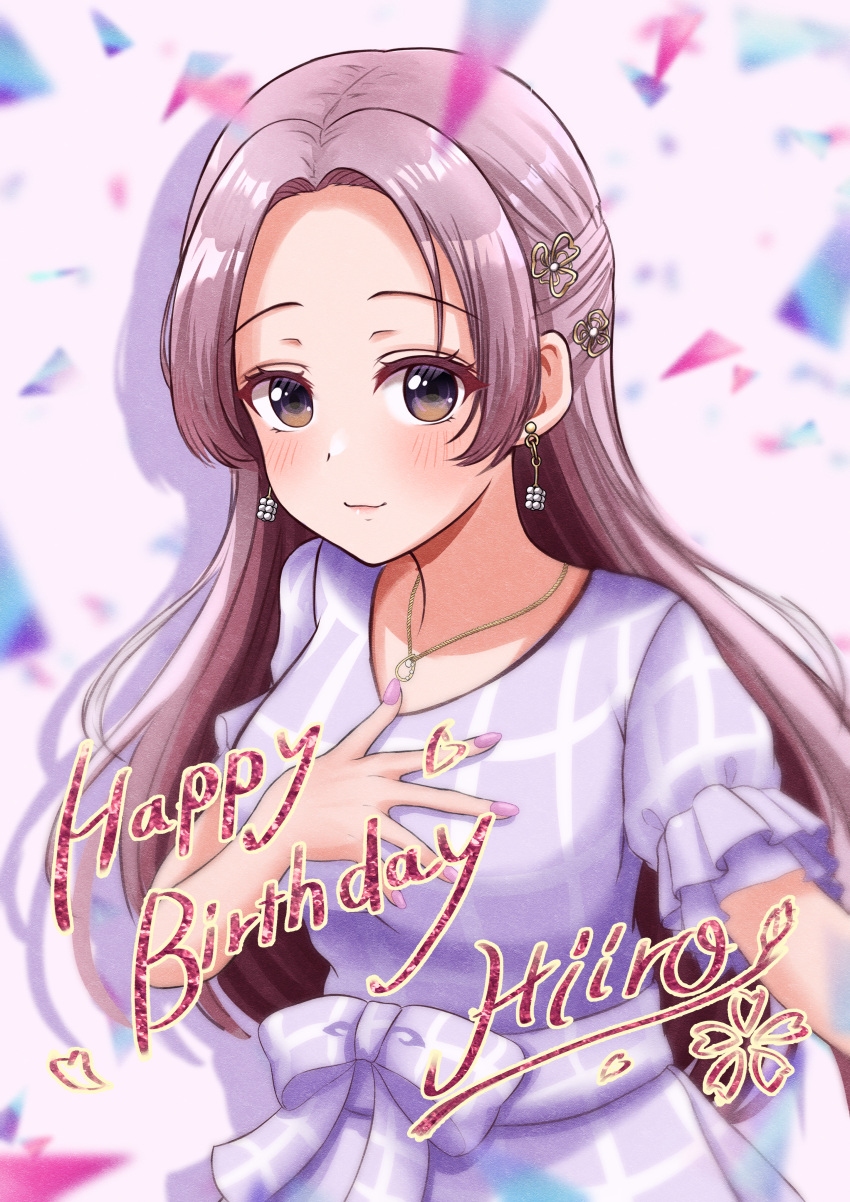 absurdres breasts confetti d4dj dress earrings female grey_background hair_behind_ear hand_on_own_chest happy_birthday heart highres jewelry medium_breasts necklace parted_bangs pink_hair purple_dress smile solo yano_hiiro yuzu_ponzu_(vgah7445)