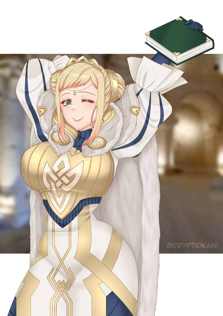 absurdres arms_up blonde_hair blue_gloves book braid braided_bun breasts cape commentary commission crown cryptid_crab double_bun dress elbow_gloves english_commentary female fire_emblem fire_emblem_heroes fur_cape gloves gradient_hair green_eyes hair_bun hair_ornament henriette_(fire_emblem) highres holding holding_book jewelry large_breasts lips looking_at_viewer multicolored_hair one_eye_closed pink_hair puffy_sleeves short_hair sidelocks smile solo striped turtleneck twitter_username vertical_stripes white_cape