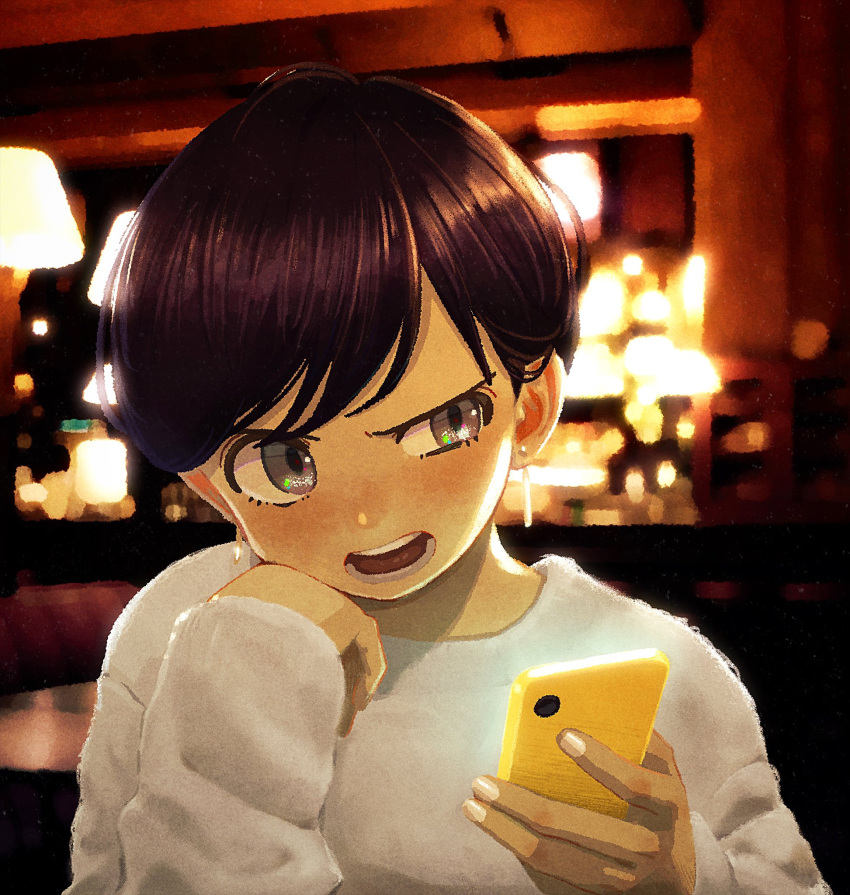 black_hair blurry blurry_background blush commentary_request copyright_request earrings female highres holding holding_phone indoors jewelry kunitarou-art lamp long_sleeves open_mouth phone short_hair solo sweater upper_body white_nails white_sweater