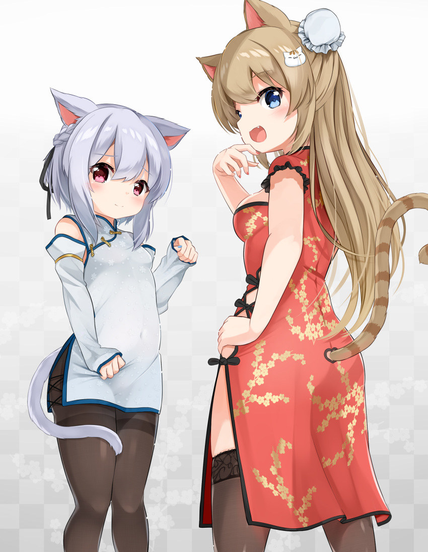 2girls animal_ears black_ribbon blue_eyes blue_nails blush braid breasts brown_hair brown_legwear bun_cover cat_ears cat_girl cat_hair_ornament cat_tail checkered_background china_dress chinese_clothes closed_mouth commentary_request detached_sleeves dress floral_background gradient_background grey_background grey_hair hair_between_eyes hair_bun hair_ornament hair_ribbon hand_up highres hiyori-chan long_hair long_sleeves looking_at_viewer medium_breasts multiple_girls nail_polish original pantyhose paw_pose red_dress red_eyes red_nails ribbon short_sleeves single_hair_bun single_side_bun sleeveless sleeveless_dress sleeves_past_wrists smile sora_(silent_square) striped_tail tail thighband_pantyhose thighhighs tsugumi-chan_(sora) very_long_hair white_background white_dress white_sleeves