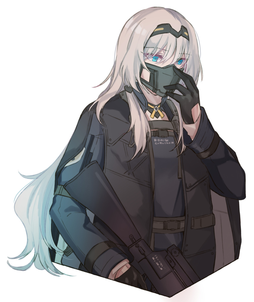 an-94 an-94_(girls'_frontline) assault_rifle black_gloves blue_eyes commentary english_commentary female girls'_frontline gloves gun hairband hand_on_own_face highres holding holding_gun holding_weapon jacket kalashnikov_rifle long_hair mask platinum_blonde_hair rifle simple_background solo upper_body weapon white_background yuutama2804