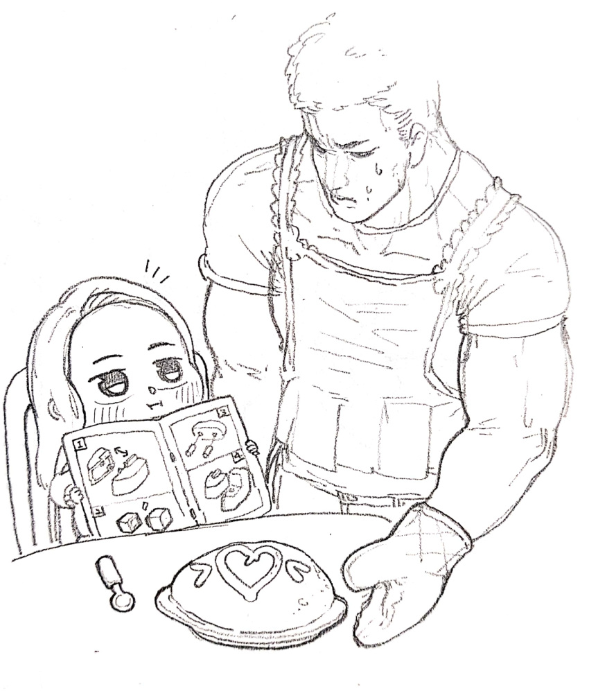 1boy aged_down apron book commentary_request eumme_tongtong_gu-i female food highres holding holding_book invincible_dragon_(last_origin) korean_commentary last_origin manual mittens model_kit monochrome omelet omurice spoon sweatdrop table traditional_media