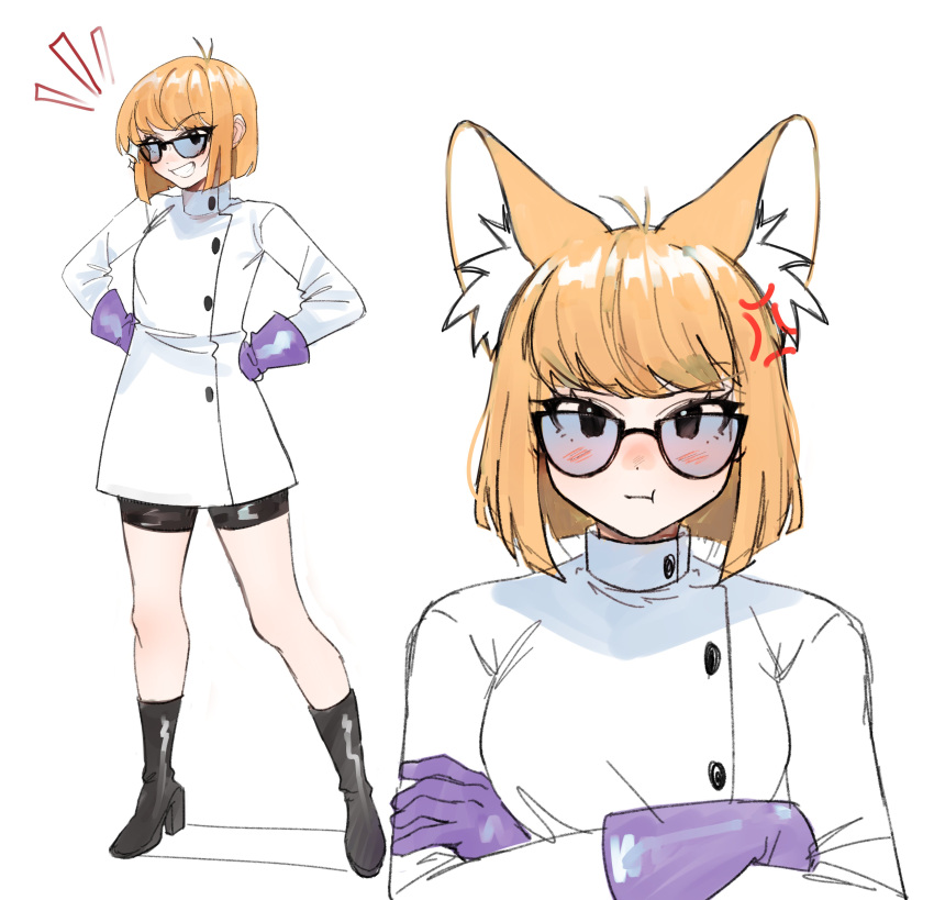 absurdres anger_vein animal_ear_fluff animal_ears bike_shorts black-framed_eyewear black_footwear blonde_hair closed_mouth crossed_arms dexter's_laboratory dexter_(dexter's_laboratory) english_commentary female full_body genderswap_(mtf) glasses gloves high_heels highres kumaartsu lab_coat long_sleeves lower_teeth_only medium_hair multiple_views purple_gloves rule_63 simple_background standing swept_bangs teeth upper_teeth_only white_background