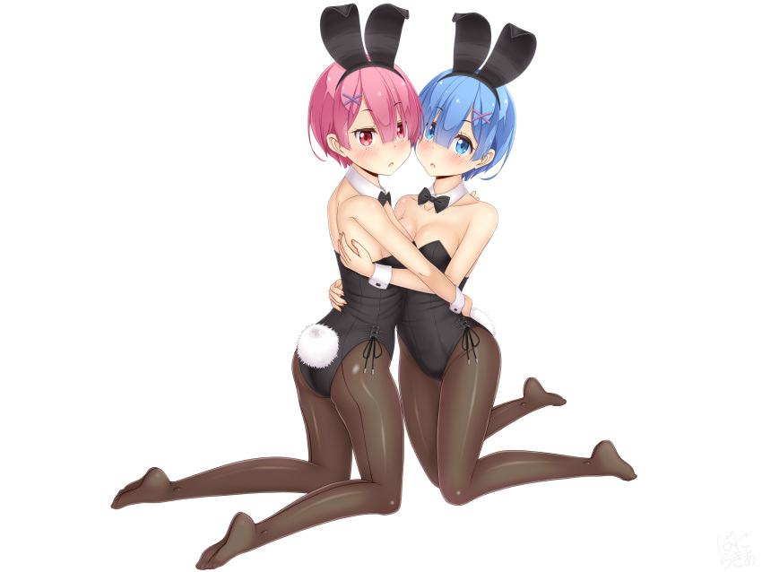 2girls absurdres animal_ears back-seamed_legwear black_bow black_bowtie black_leotard black_pantyhose blue_eyes blue_hair blue_ribbon bow bowtie commentary_request detached_collar fake_animal_ears hair_ornament hair_over_one_eye hair_ribbon highres hug kneeling leotard looking_at_viewer multiple_girls pantyhose pink_hair pink_ribbon playboy_bunny rabbit_ears rabbit_tail ram_(re:zero) re:zero_kara_hajimeru_isekai_seikatsu red_eyes red_ribbon rem_(re:zero) ribbon sainohikari seamed_legwear short_hair siblings simple_background sisters strapless strapless_leotard tail twins white_background wrist_cuffs x_hair_ornament