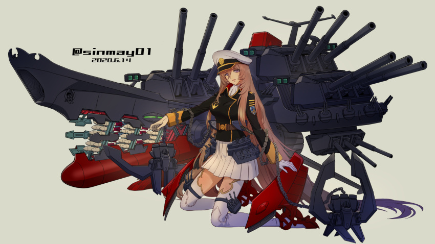 absurdly_long_hair anchor black_jacket boots brown_eyes brown_hair chains female gloves hat highres jacket long_hair long_sleeves mecha_musume military military_jacket military_uniform missile peaked_cap personification pleated_skirt science_fiction shinmai_(kyata) skirt solo spacecraft thigh_boots thighhighs turret uchuu_senkan_yamato uniform very_long_hair wave_motion_gun white_footwear white_gloves white_hat white_skirt yamato_(uchuu_senkan_yamato)