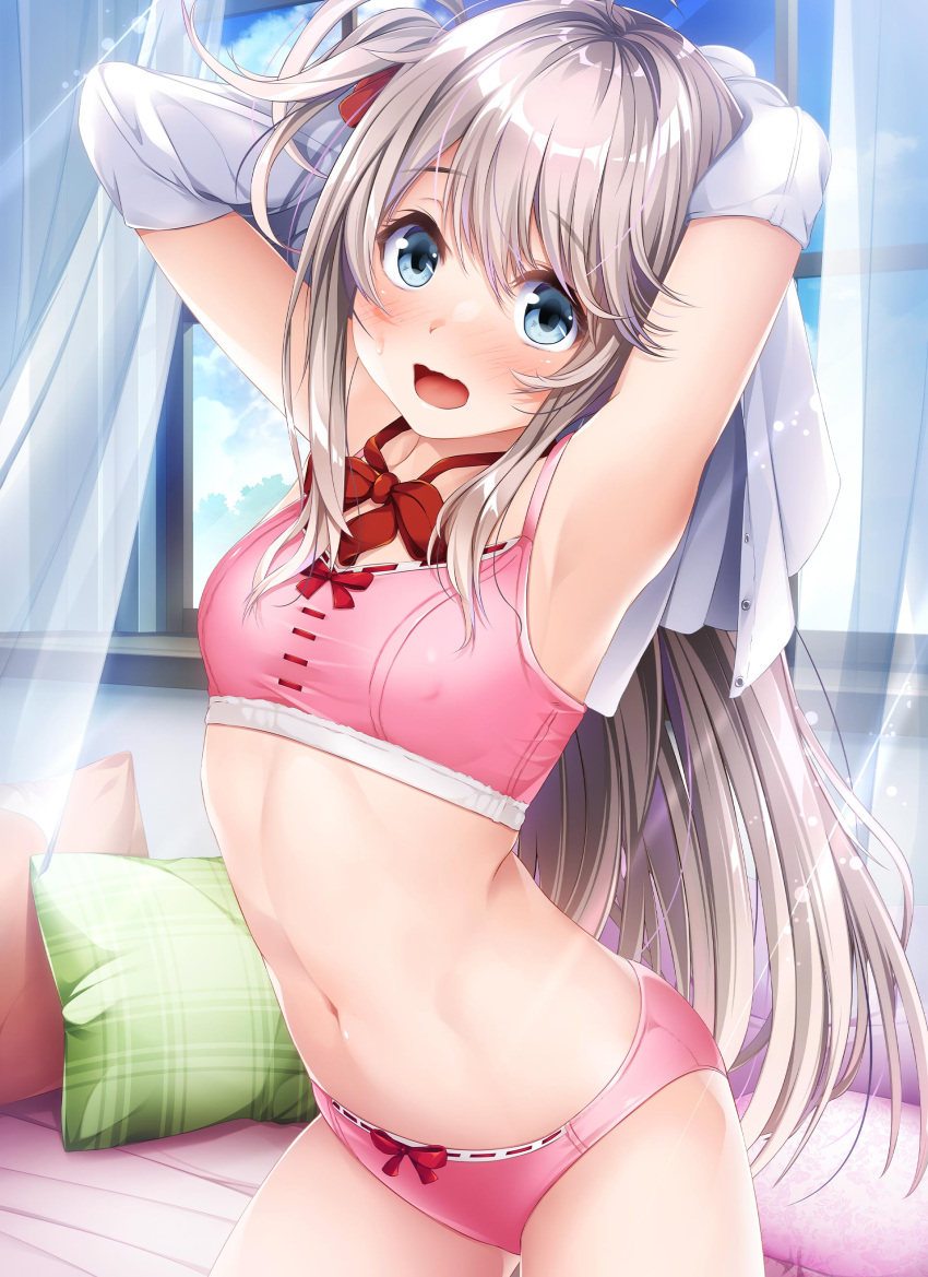 absurdres armpits arms_up blue_eyes blue_sky blush bra cloud covered_nipples curtains dakikano day embarrassed female flat_chest grey_hair highres indoors kurono_mitsuki long_hair navel official_art open_clothes open_mouth open_shirt panties pillow pink_bra pink_panties school_uniform shirt sky solo stomach underwear white_shirt window