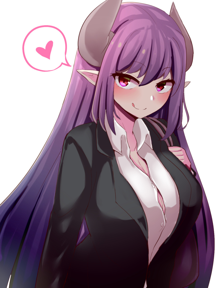 alma_elma alternate_costume blush breasts button_gap cleavage collared_shirt commentary_request demon_girl female formal heart highres horns large_breasts long_hair looking_at_viewer mon-musu_quest! monster_girl office_lady partial_commentary partially_unbuttoned pointy_ears purple_hair raichi_(ddq0246) red_eyes shirt simple_background smile solo spoken_heart suit upper_body very_long_hair white_background white_shirt