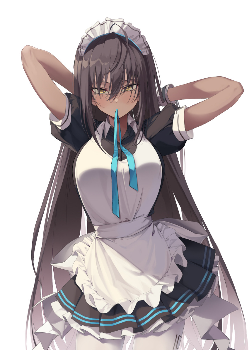 ahoge apron arms_behind_head arms_up black_dress blue_archive blue_bow blue_bowtie blue_ribbon bow bowtie breasts brown_hair closed_mouth commentary cowboy_shot dark-skinned_female dark_skin dress expressionless female hair_over_eyes highres karin_(blue_archive) large_breasts light_blush long_hair looking_at_viewer maid_apron maid_headdress mouth_hold pantyhose petticoat puffy_short_sleeves puffy_sleeves ribbon short_sleeves simple_background solo soya_(torga) standing tsurime very_long_hair white_apron white_background white_headwear white_pantyhose wrist_cuffs yellow_eyes