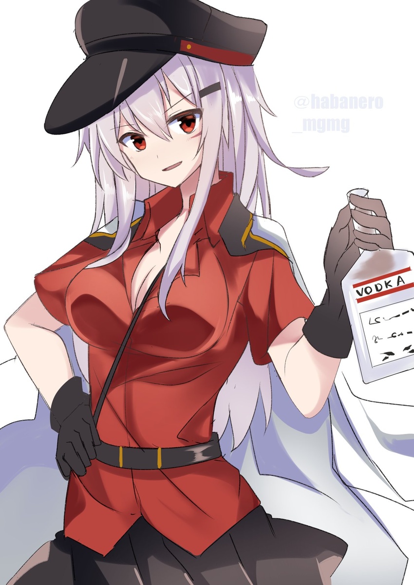 alcohol black_gloves black_hat black_skirt bottle commentary_request cowboy_shot fathom female gangut_(kancolle) gangut_dva_(kancolle) gloves grey_hair hat highres jacket jacket_on_shoulders kantai_collection long_hair looking_at_viewer orange_eyes peaked_cap red_shirt scar scar_on_cheek scar_on_face shirt short_sleeves simple_background skirt solo twitter_username vodka white_background white_jacket