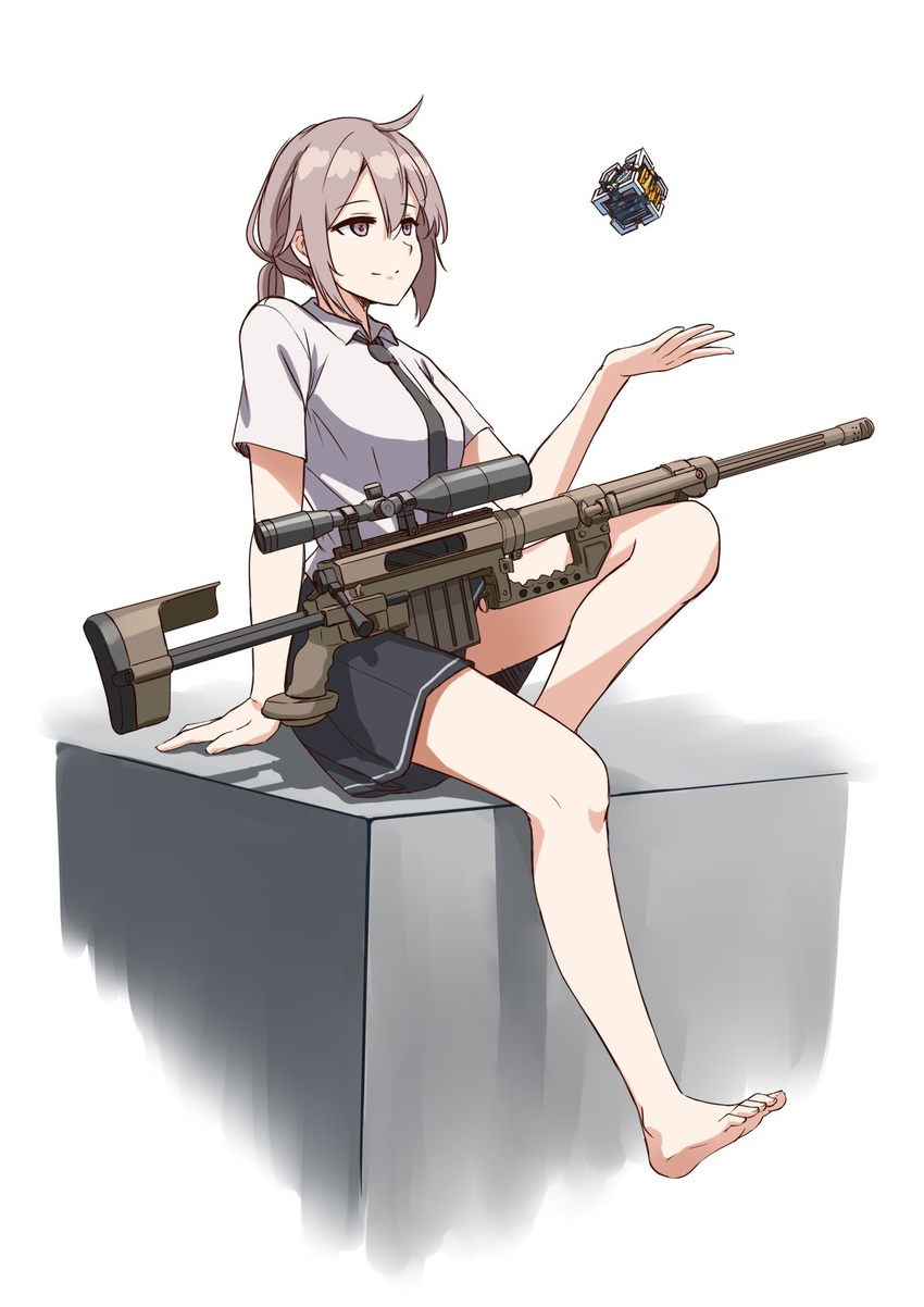 bare_legs barefoot black_skirt bolt_action cheytac_m200 commentary core_(girls'_frontline) feet female girls'_frontline grey_hair gun highres jpc m200_(girls'_frontline) necktie ponytail rifle shirt sitting skirt sniper_rifle solo toes weapon white_background white_shirt