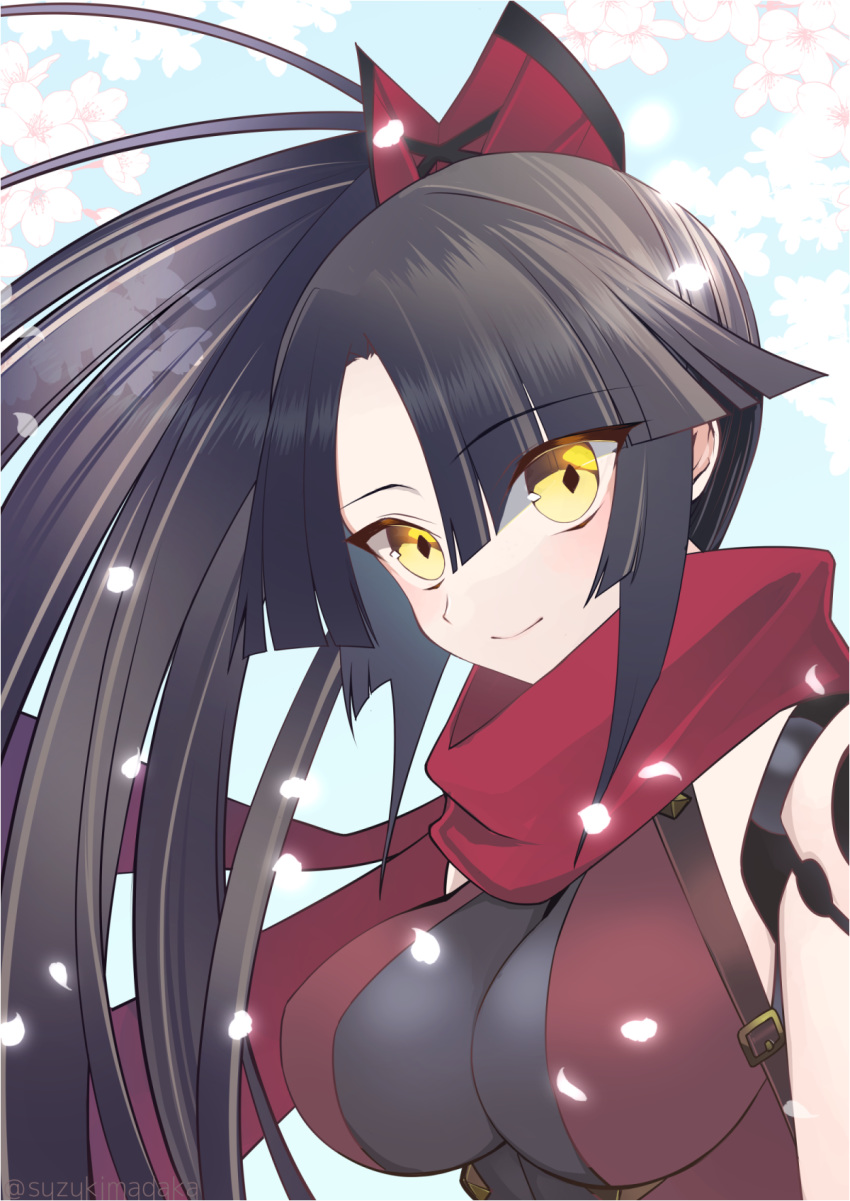 artist_name black_hair black_leotard breasts cherry_blossoms closed_mouth commentary_request diamond-shaped_pupils diamond_(shape) falling_petals fate/grand_order fate_(series) female flower glowing highres joints katou_danzou_(fate) large_breasts leotard light_blush long_hair looking_at_viewer medium_breasts parted_bangs petals ponytail red_scarf robot_joints scarf simple_background smile solo suzukimadaka symbol-shaped_pupils twitter_username upper_body yellow_eyes