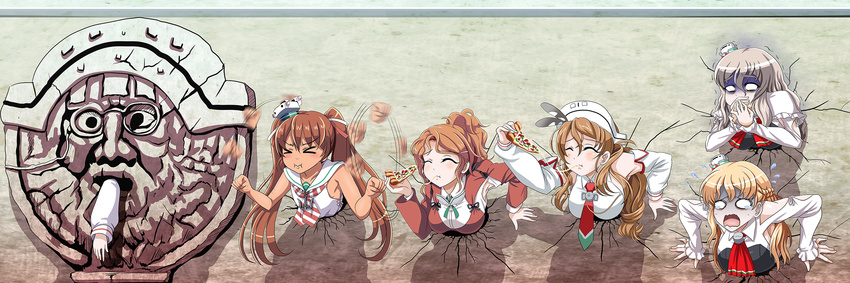 >_< :i ^_^ afterimage anchor aquila_(kantai_collection) armpits ascot bare_arms bare_shoulders blank_eyes blonde_hair bocca_della_verita braid breasts brown_hair capelet clenched_hands closed_eyes closed_mouth commentary_request covering_mouth crack cracked_wall cravat crying curly_hair detached_sleeves dress drunk eating eyelashes flying_sweatdrops food french_braid frilled_sleeves frills green_ribbons hair_ornament hair_ribbon hairclip hand_over_own_mouth hat headgear highres holding holding_pizza kabe_ni_hamatte_ugokenai! kantai_collection large_breasts libeccio_(kantai_collection) light_brown_hair littorio_(kantai_collection) long_hair long_sleeves looking_at_viewer mini_hat motion_blur motion_lines multiple_girls nausea neck_ribbon necktie open_mouth orange_hair own_hands_together pale_face parody pizza pola_(kantai_collection) ponytail pout red_neckwear ribbon roma_(kantai_collection) sailor_collar sailor_dress shaded_face shadow silver_hair sleeveless sparkle statue striped striped_neckwear stuck swinging tan tantrum tears through_wall tk8d32 trembling turn_pale twintails wall wavy_mouth white_hat zara_(kantai_collection)