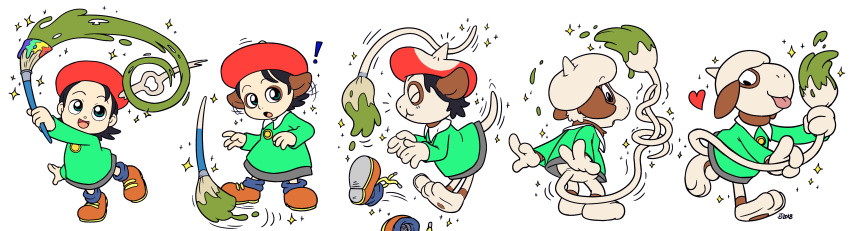 absurd_res adeleine_(kirby) anthro brush clothing exclamation_point female footwear fur fusion generation_2_pokemon hat headgear headwear heart_symbol hi_res kirby kirby_(series) magic mammal nicolaibunny nintendo paint paintbrush pokemon pokemon_(species) sequence shoes smeargle solo sparkles tongue tongue_out transformation