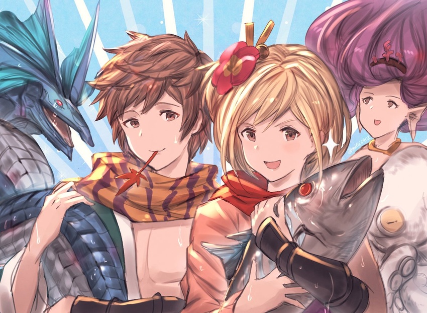 1boy blonde_hair bonito bonito_(granblue_fantasy) brown_eyes brown_hair commentary_request crying djeeta_(granblue_fantasy) female fish flower gran_(granblue_fantasy) granblue_fantasy hair_flower hair_ornament kengo_(granblue_fantasy) leaf leviathan_(granblue_fantasy) milli_little muscular octopus official_style scarf smile sparkle sweatdrop varuna_(granblue_fantasy)